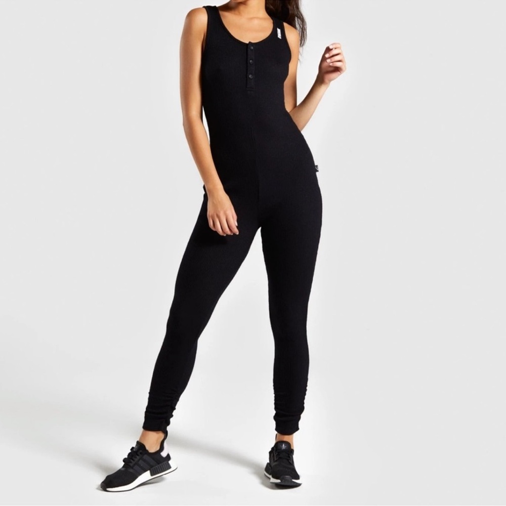 Gymshark Black Jumpsuit Womans Sz Med Black Ribbed Stretchy Cinched Full Length